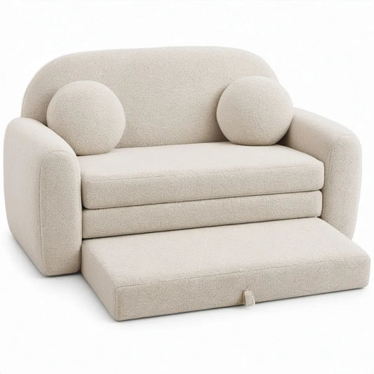 Kinderfauteuil met uitklapgedeelte 105 x 58 x 50 cm, crème bouclé, inclusief 2 ronde kussens