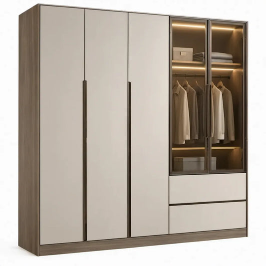 Kledingkast met 5 draaideuren, 2 laden, glazen deuren en LED-verlichting – Beige/Walnootbruin – 240 x 60 x 220 cm